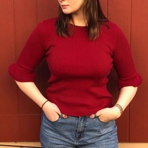 Ruffle Sleeve Red Knit Top